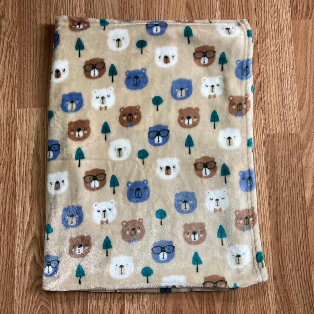 Baby Elements Plush Baby Security Blanket Bears Trees Tan Blue Brown 39 x 30